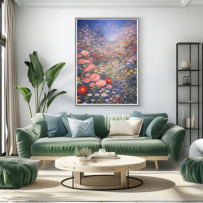 A vertical fine art landscape in the style of Gustav Klimt. A vast valley is filled with a dense sea of pink, red, blue, and white wildflowers. Large pink poppies are in the foreground, and the field stretches back to a hazy, sun-drenched horizon under a soft blue sky.