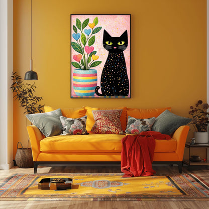 A vertical folk-art style illustration of a black cat sitting next to a colorful potted plant. The black cat is covered in small, multi-colored polka dots and has bright green eyes. The plant to its left is in a striped pink, yellow, and blue pot and features green leaves with heart-shaped "flowers" in pink, blue, and yellow. The background is a textured light pink with yellow paint splatters.