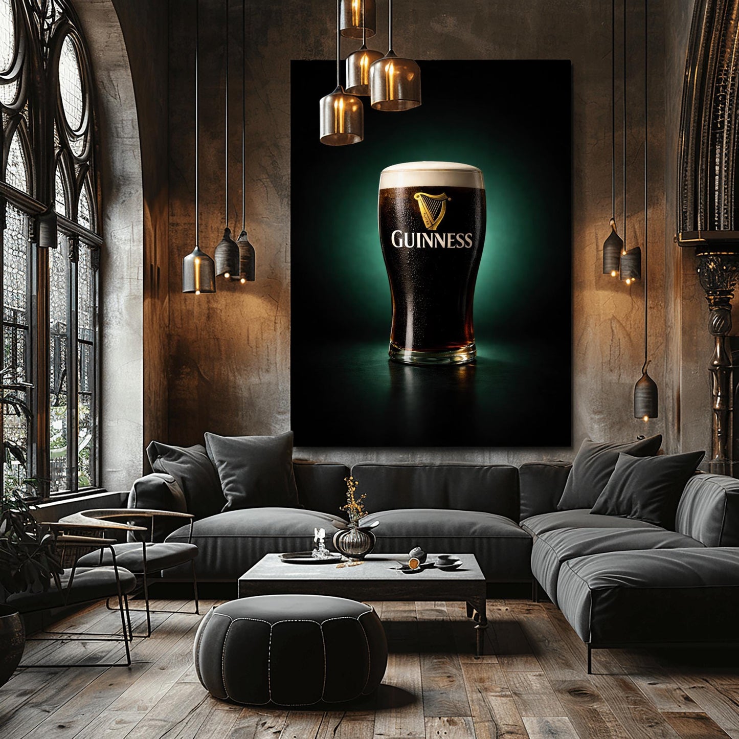 A vertical hyper-realistic photograph of a pint of Guinness centered against a dark background with a soft emerald green glow. The glass is covered in light condensation and features the gold Guinness logo. The foam is thick and white, and a slight ruby-red glow is visible at the bottom of the dark liquid.