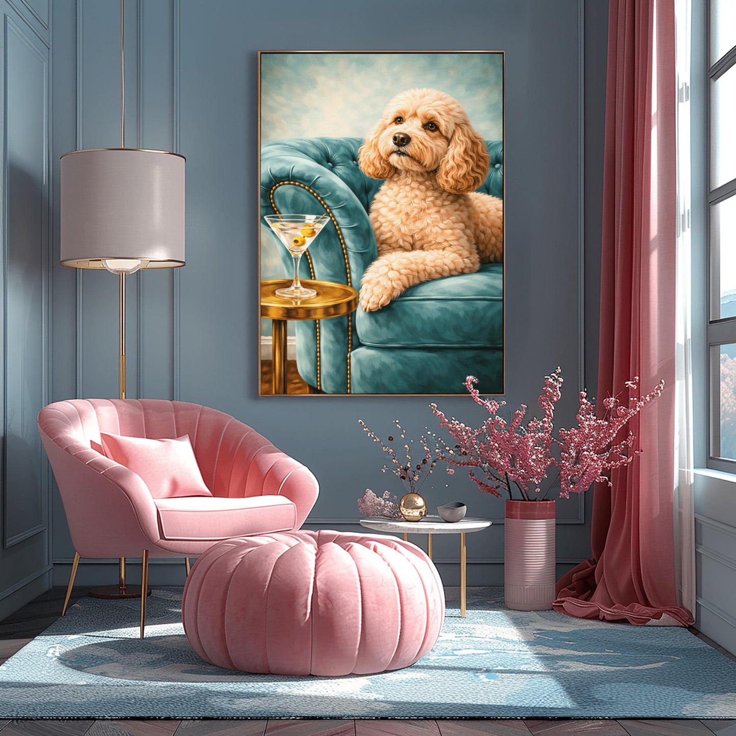 A vertical oil-style painting of a fluffy, tan-colored cockapoo with big brown eyes sitting on a plush, light teal velvet tufted sofa. To the left, a martini glass with two olives sits on a round, polished gold side table. The background is a soft, textured sky blue, and the overall lighting is bright and elegant.