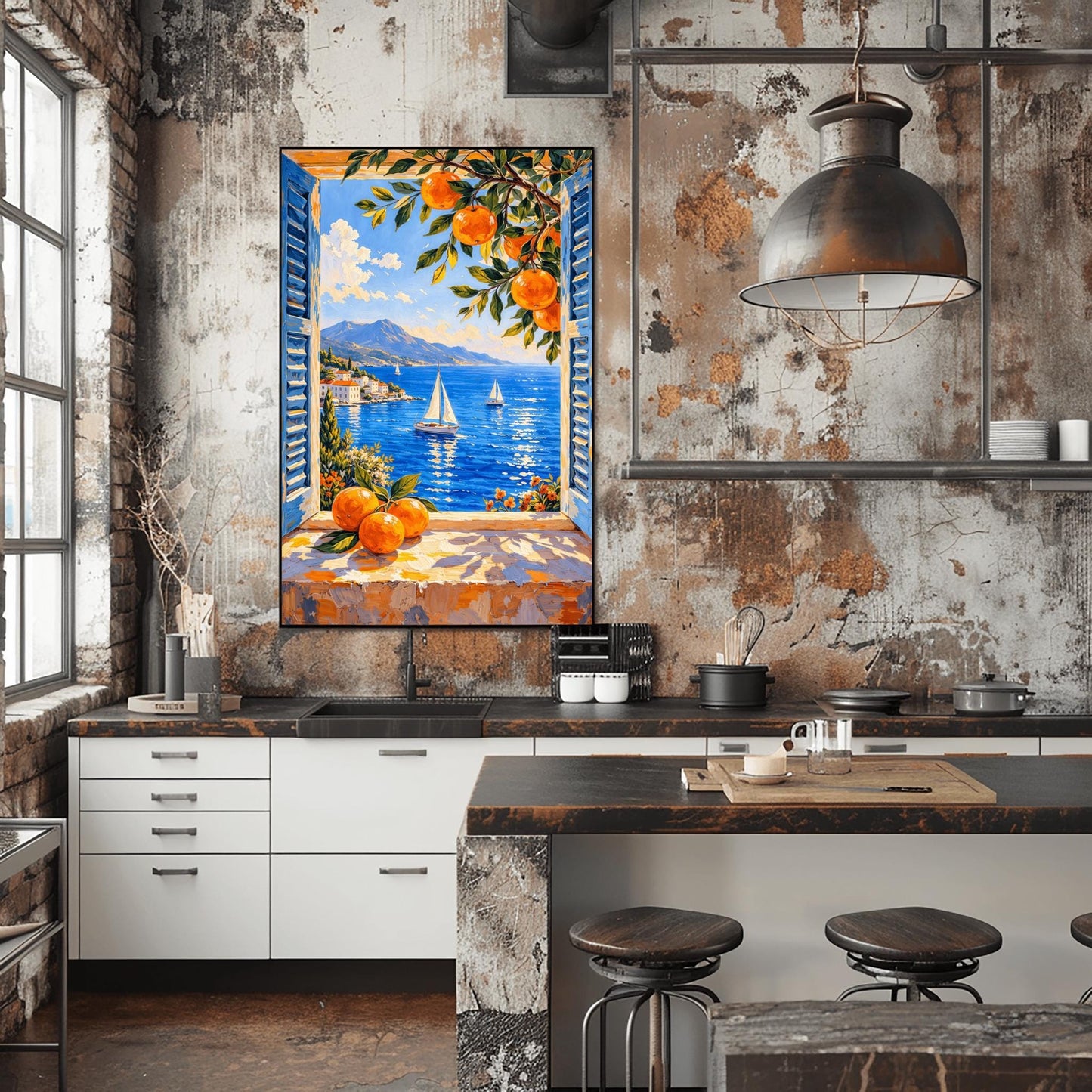 Matisse Coastal Print – Mediterranean Art Print with Blue Shutters & Oranges