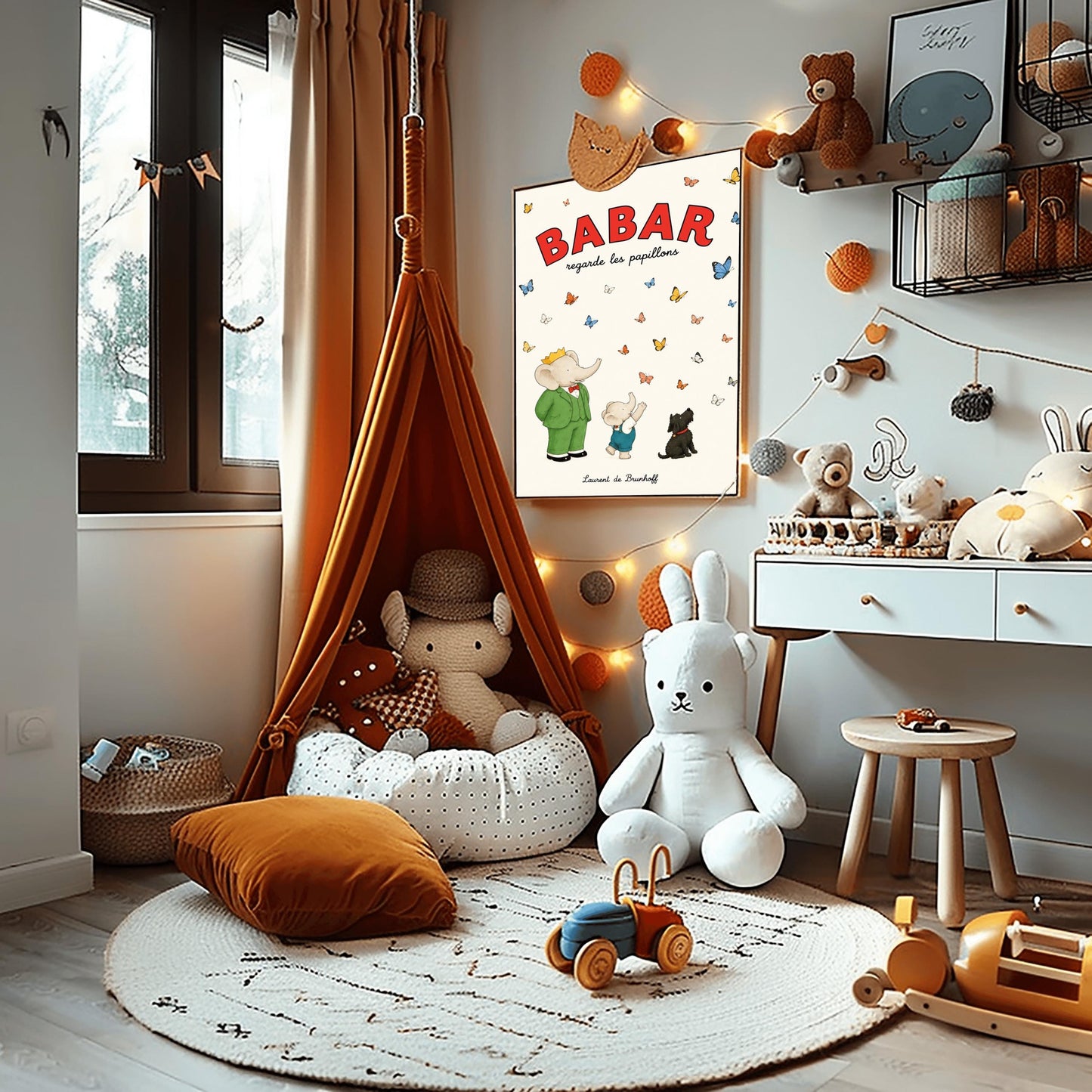 A vertical retro fine art exhibition poster titled "BABAR regarde les papillons" on a wide cream border. The top "BABAR" text is printed in a bold red font. The illustration shows an elephant wearing a crown and green suit standing next to a smaller elephant reaching up toward a sky filled with dozens of colorful blue, yellow, orange, and white butterflies. A small black dog sits patiently on the ground looking up at them. The name "Laurent de Brunhoff" anchors the bottom.