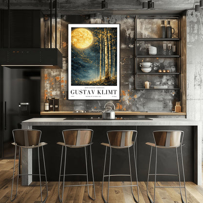 A vertical Art Nouveau illustration in the style of Gustav Klimt. A large, patterned golden moon sits in the upper left corner of a dark, misty teal forest. Slender birch trees stand on the right, while a swirl of golden stardust flows across the center.