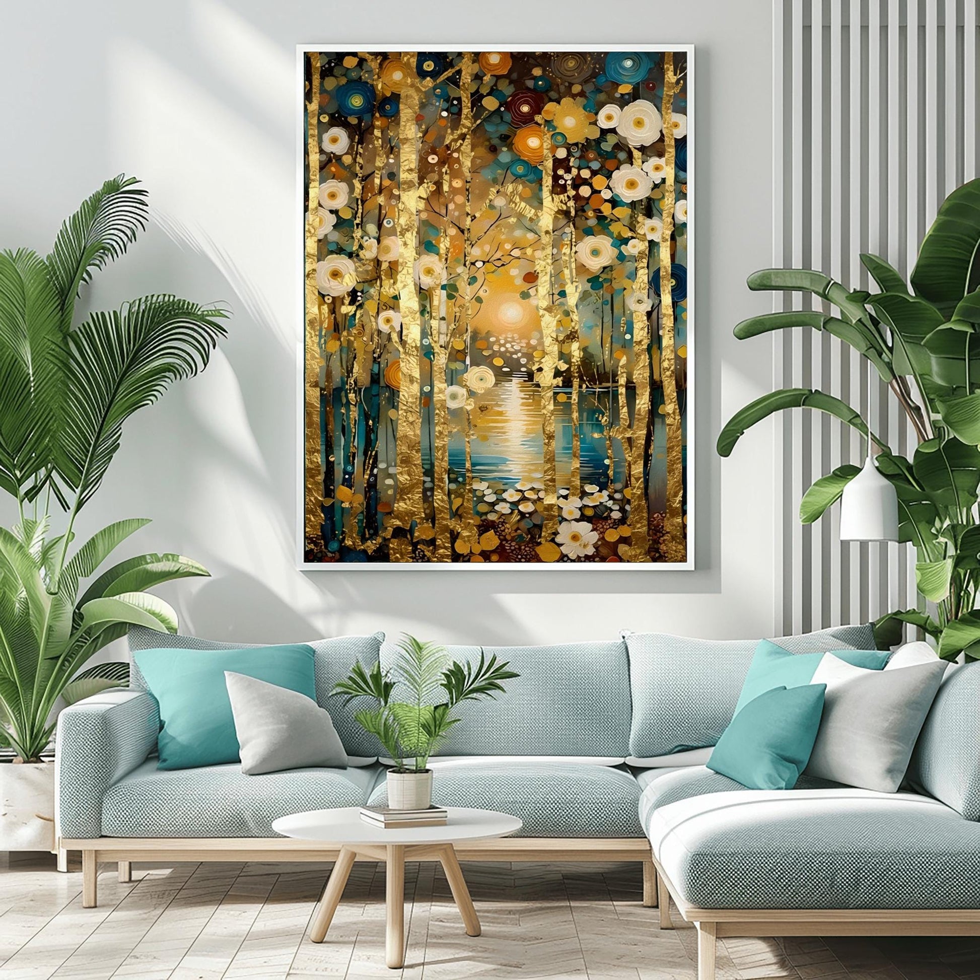 A vertical landscape painting in the style of Gustav Klimt. Slender birch tree trunks with gold-leaf textures stand in a dense forest. The ground is covered in stylized, mosaic-like circular flowers in cream, gold, and teal. In the background, a glowing sun reflects on a dark blue lake. The overall style is rich in texture with heavy impasto brushstrokes and a deep, opulent color palette.
