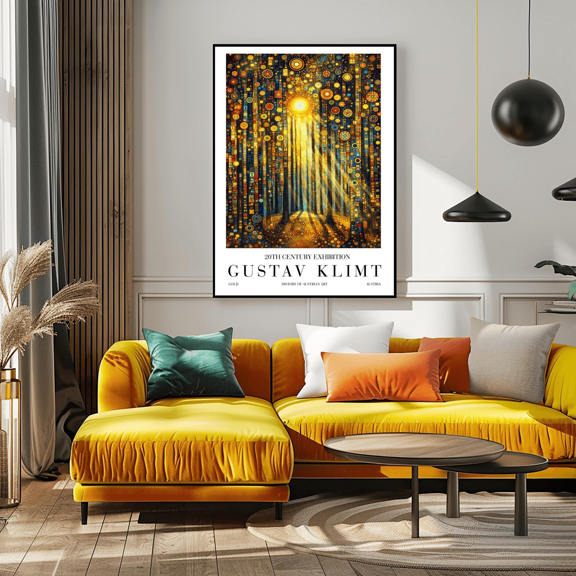 A vertical museum exhibition poster in the style of Gustav Klimt. Dark, slender tree trunks stand in a forest where the sky and ground are made of dense gold and blue mosaic circles. A bright sun in the upper center casts long, sharp pillars of light down to the forest floor. Bold black text at the bottom reads "GUSTAV KLIMT" and "HISTORY OF AUSTRIAN ART."