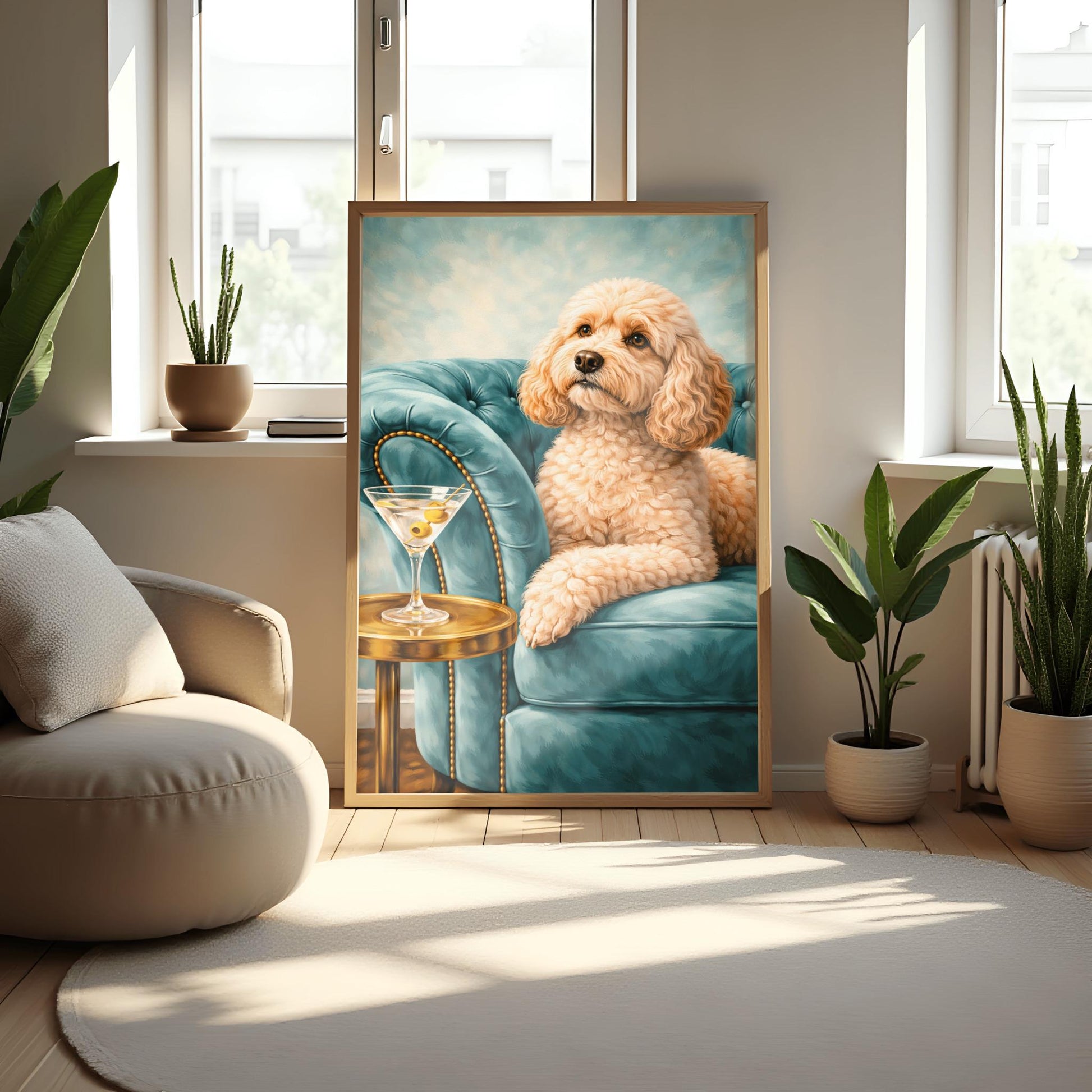 A vertical oil-style painting of a fluffy, tan-colored cockapoo with big brown eyes sitting on a plush, light teal velvet tufted sofa. To the left, a martini glass with two olives sits on a round, polished gold side table. The background is a soft, textured sky blue, and the overall lighting is bright and elegant.