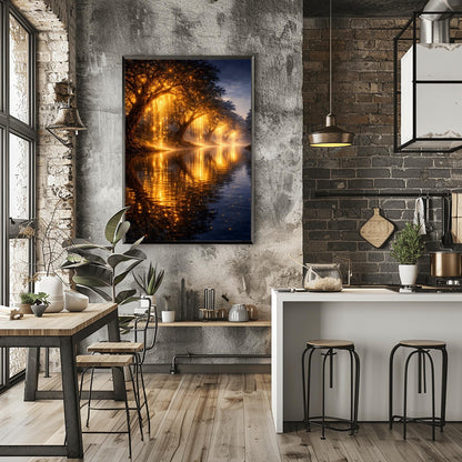 A vertical full-bleed landscape illustration in the style of Gustav Klimt. A row of weeping willow trees with branches made of liquid gold and sparkling embers lines a dark, tranquil river. The golden light reflects brilliantly on the water's surface under a dark twilight sky.