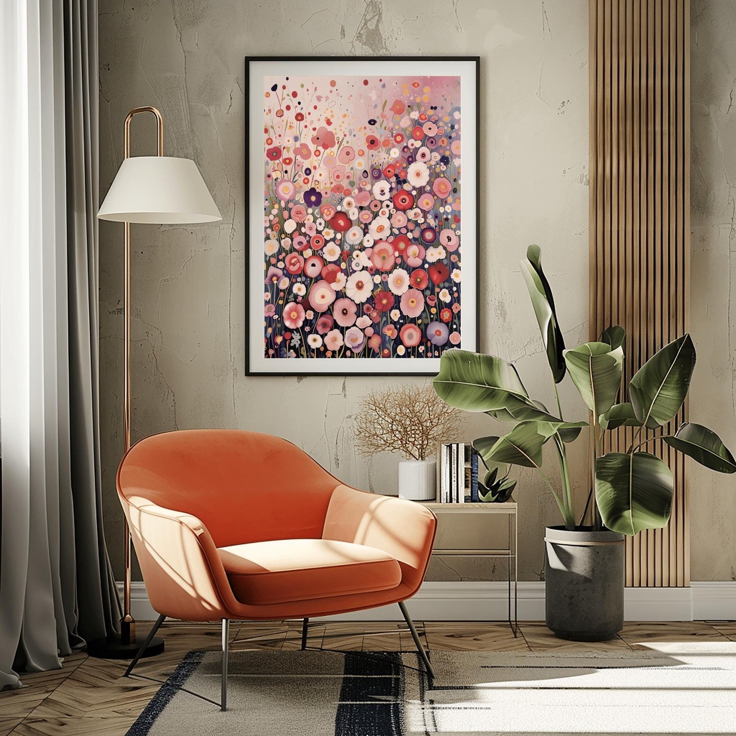 a cozy living room with a vibrant floral painting on the wall, an orange armchair, a floor lamp, a potted plant, and a bookshelf.