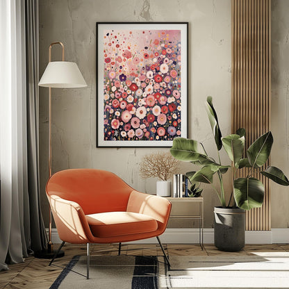a cozy living room with a vibrant floral painting on the wall, an orange armchair, a floor lamp, a potted plant, and a bookshelf.