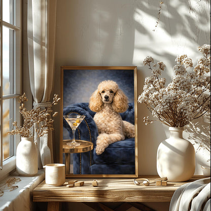 A vertical oil-style painting of a well-groomed white poodle sitting regally on a plush, dark blue velvet tufted armchair. To the left, a glass martini with two green olives on a toothpick sits on a round gold side table. The poodle has a calm, sophisticated expression. The background is a moody, dark grey-blue with visible painterly textures.