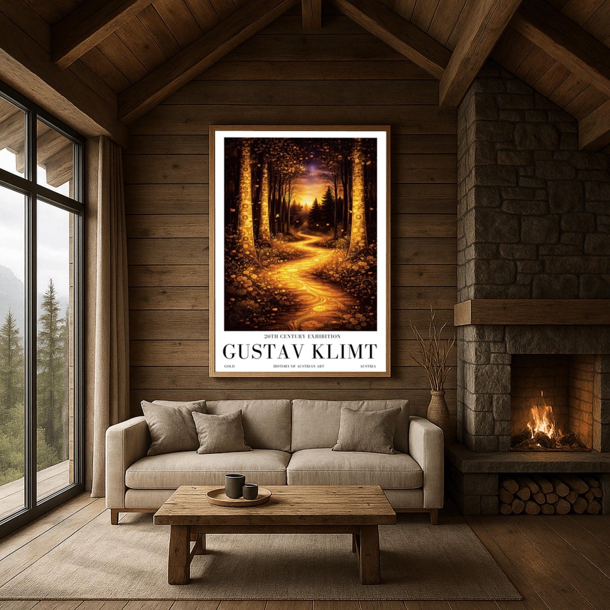 A vertical exhibition poster for Gustav Klimt. A glowing golden path winds through a dark, moody forest at night. Ornate trees with golden mosaic patterns frame the scene. Below the art, bold black text reads "GUSTAV KLIMT" and "20th Century Exhibition."
