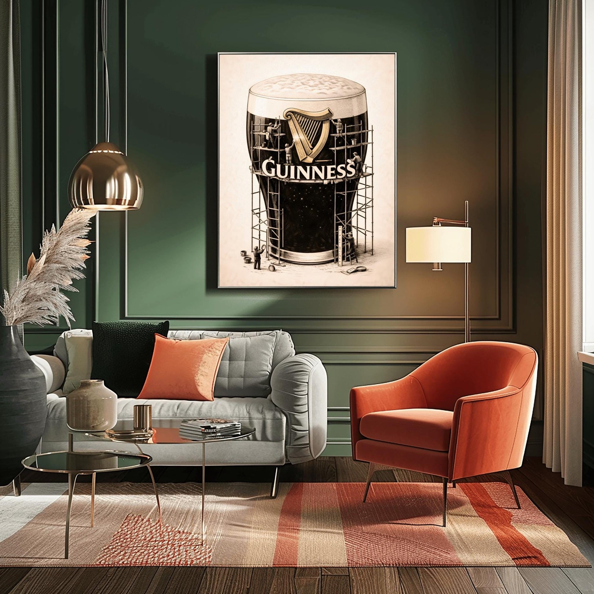 A vertical charcoal illustration of a large pint of Guinness. The glass is surrounded by a complex wooden scaffolding structure. Tiny worker silhouettes are on the scaffolding, polishing a large golden harp and the white Guinness logo on the front of the glass. The background is a light cream color.