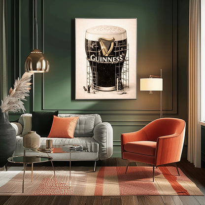 A vertical charcoal illustration of a large pint of Guinness. The glass is surrounded by a complex wooden scaffolding structure. Tiny worker silhouettes are on the scaffolding, polishing a large golden harp and the white Guinness logo on the front of the glass. The background is a light cream color.