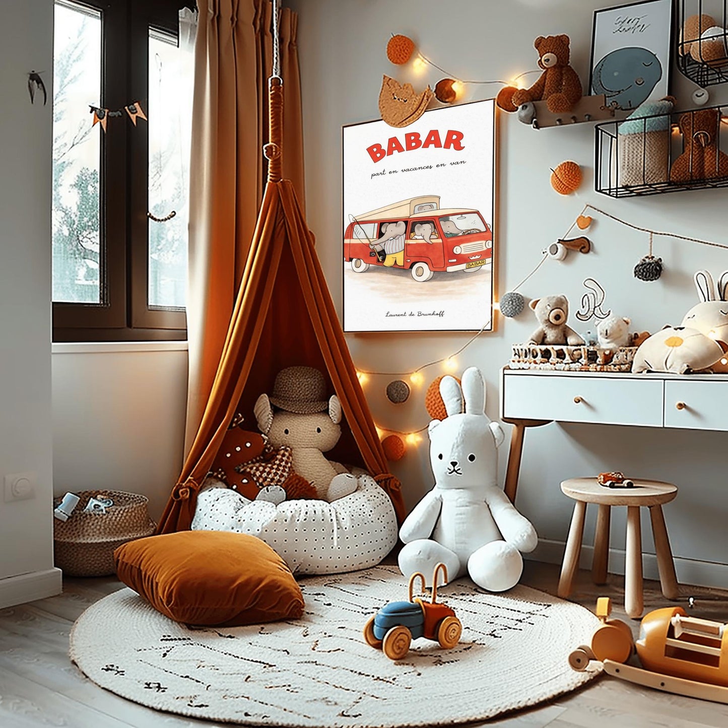 A vertical art print titled "BABAR part en vacances en van" in large red letters. A retro red and cream camper van is filled with grey elephants. One elephant in a striped shirt holds a fishing rod out the side door, and another sits in the driver's seat. The van has a "BABAR" license plate and a gold crown symbol on the grill. The artist's name, "Laurent de Brunhoff," is at the bottom of the cream-colored, textured background.
