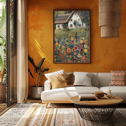 A vertical oil painting in the style of Gustav Klimt. A white-washed cottage with a brown thatched roof sits behind a dense field of colorful, circular wildflowers in shades of orange, red, blue, and yellow. The style features heavy, decorative textures and subtle golden highlights throughout the garden and roof.