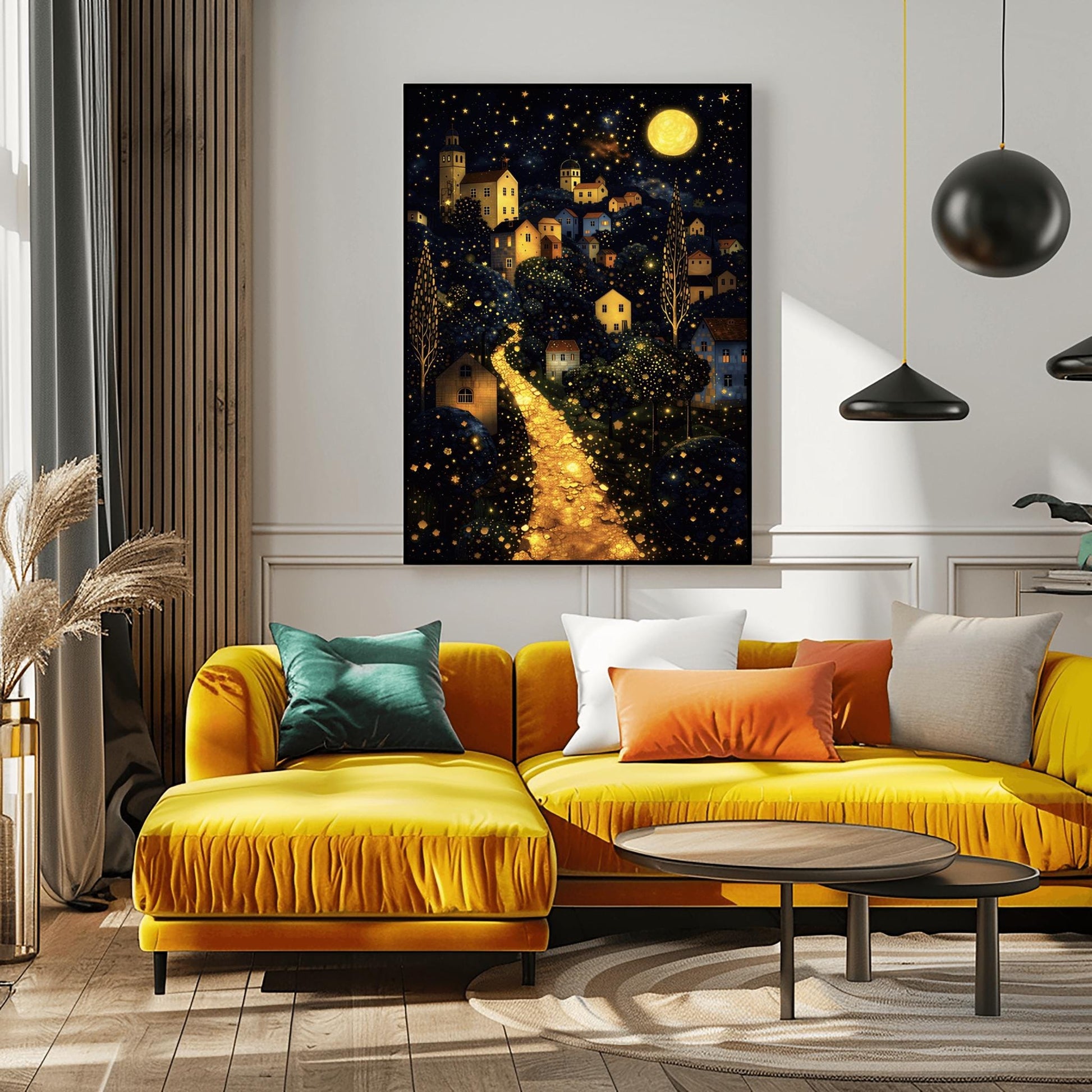 A vertical fine art landscape in the style of Gustav Klimt. A brilliant, glowing golden path winds up a dark hillside toward a village with lit windows. The deep blue night sky is filled with many stars and a large, textured golden moon. The trees are decorated with small, shimmering golden dots.