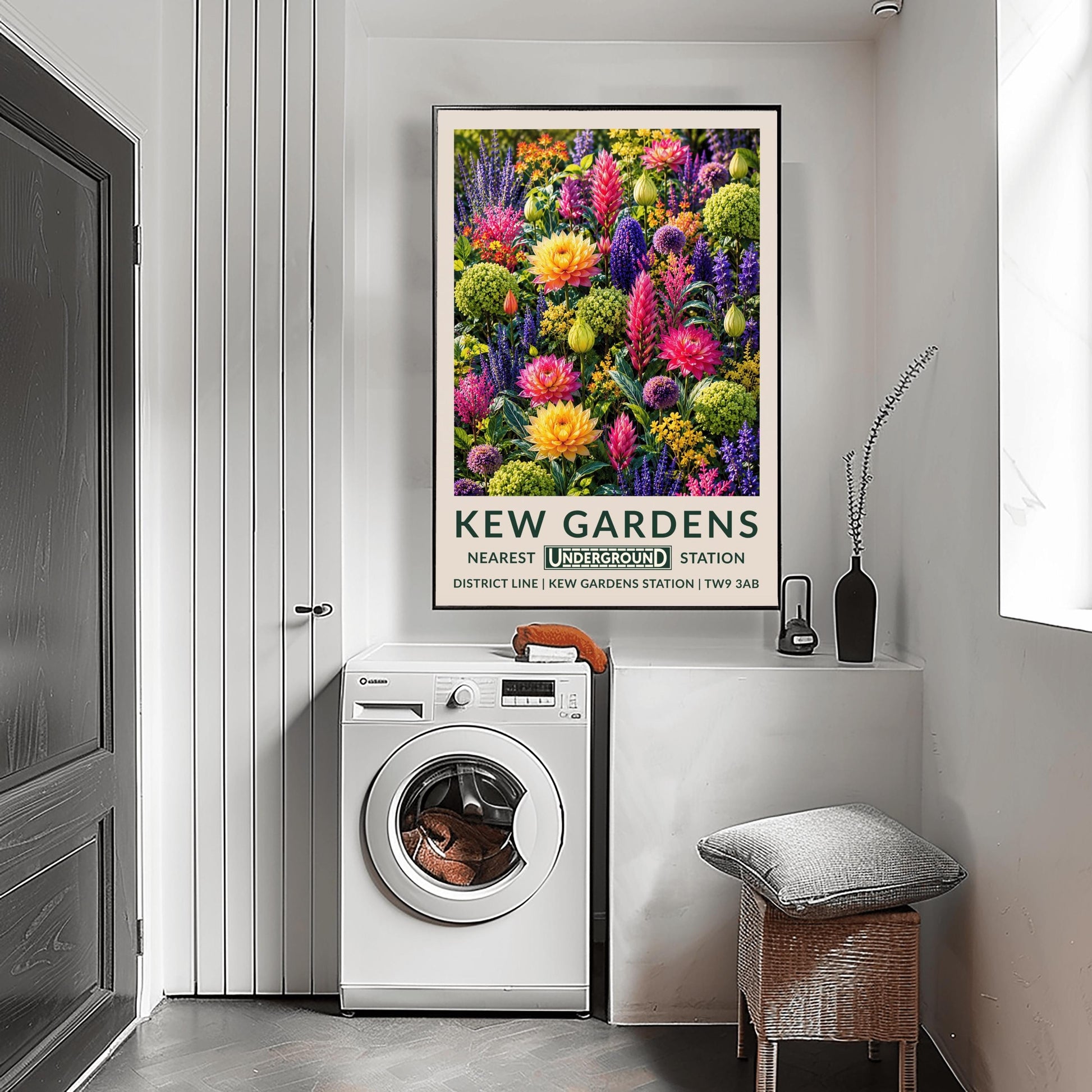 A vertical retro London Underground travel poster for Kew Gardens on a wide cream border. The top image shows a densely packed botanical illustration of a vibrant summer flower border featuring large orange-yellow and magenta dahlias, tall pink flower spikes, purple alliums, violet lupines, and chartreuse green clusters. The bottom cream border features the text "KEW GARDENS" in dark green, followed by "NEAREST UNDERGROUND STATION"