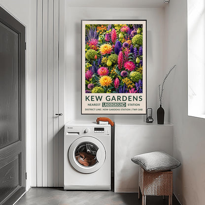 A vertical retro London Underground travel poster for Kew Gardens on a wide cream border. The top image shows a densely packed botanical illustration of a vibrant summer flower border featuring large orange-yellow and magenta dahlias, tall pink flower spikes, purple alliums, violet lupines, and chartreuse green clusters. The bottom cream border features the text "KEW GARDENS" in dark green, followed by "NEAREST UNDERGROUND STATION"