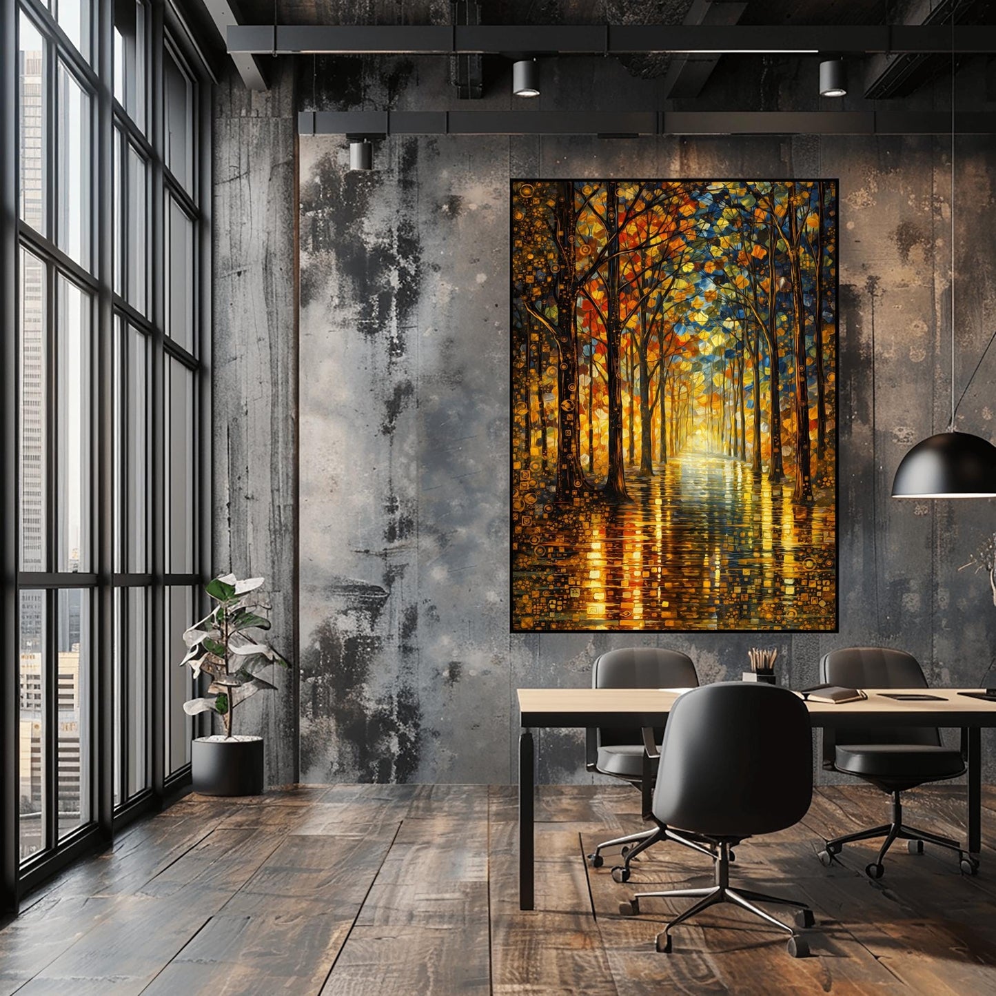 A vertical fine art exhibition poster in the style of Gustav Klimt. A long path leads through a dense forest of tall, slender trees with golden mosaic bark. A brilliant light glows at the end of the path. The leaves are a mix of gold, orange, and blue mosaic dots. Bold black text at the bottom reads "GUSTAV KLIMT."