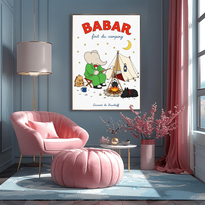 A vertical retro fine art exhibition poster titled "BABAR fait du camping" on a wide cream border. The top "BABAR" text is printed in a bold red font. The illustration shows an elephant in a green suit and red bowtie sitting on a stool by a campfire, toasting a marshmallow next to a white tent under a starry night sky with a yellow crescent moon. A small black dog in a plaid scarf sleeps nearby, and the name "Laurent de Brunhoff" anchors the bottom.