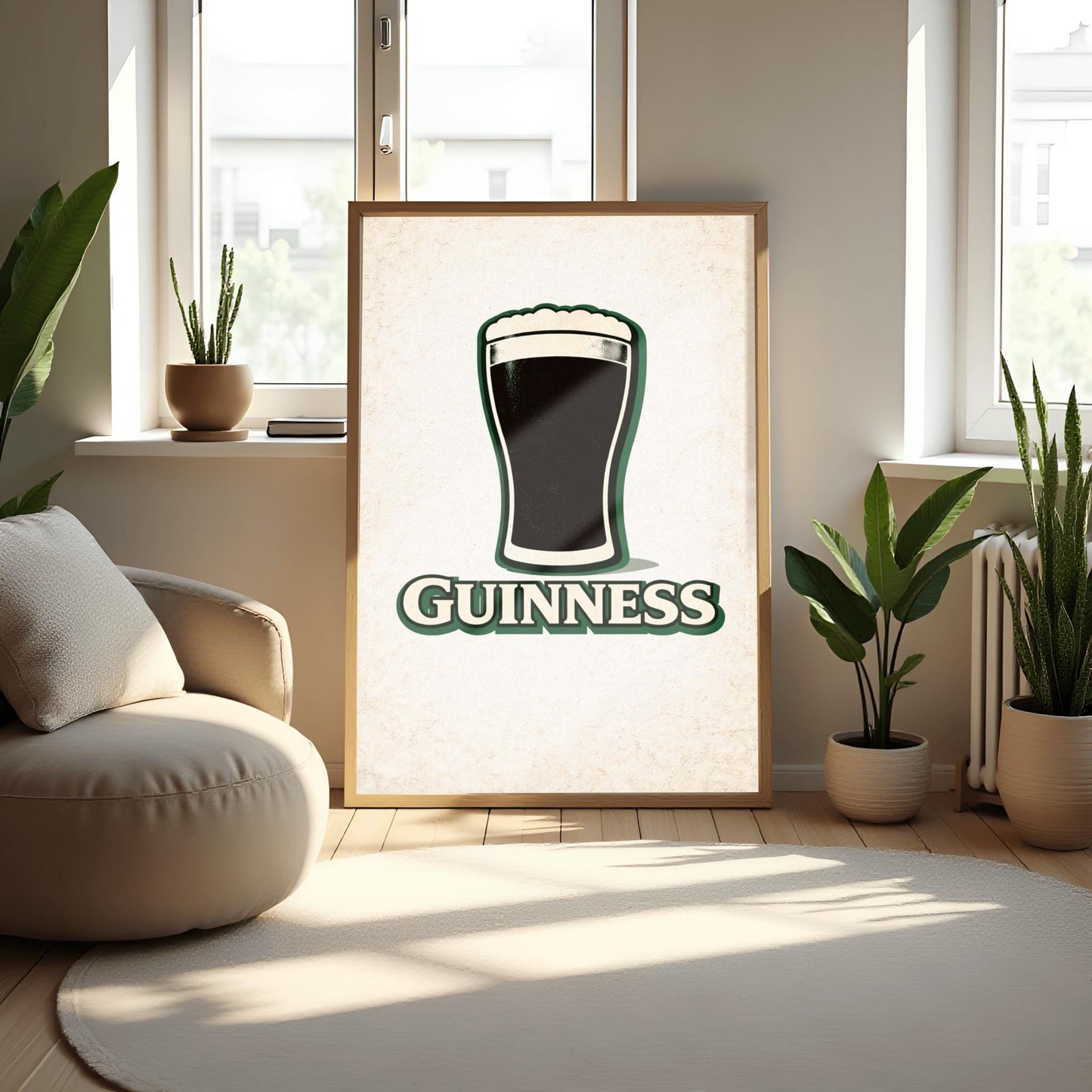 A vertical minimalist graphic of a pint of Guinness on a light cream-textured background. The black pint has a thick white foam head and a green drop shadow. Below the glass, the word "GUINNESS" is written in cream text with a green border.