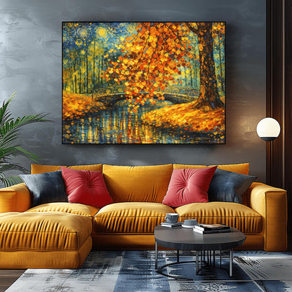 A horizontal landscape art print in the style of Gustav Klimt. A large tree with shimmering golden and orange mosaic-style leaves hangs over a dark blue pond. An ornate black bridge with golden spiral patterns crosses the water in the background. The sky is filled with stylized yellow swirls and stars. The ground is covered in golden leaves, and the entire scene is rich with decorative textures and vibrant metallic tones.