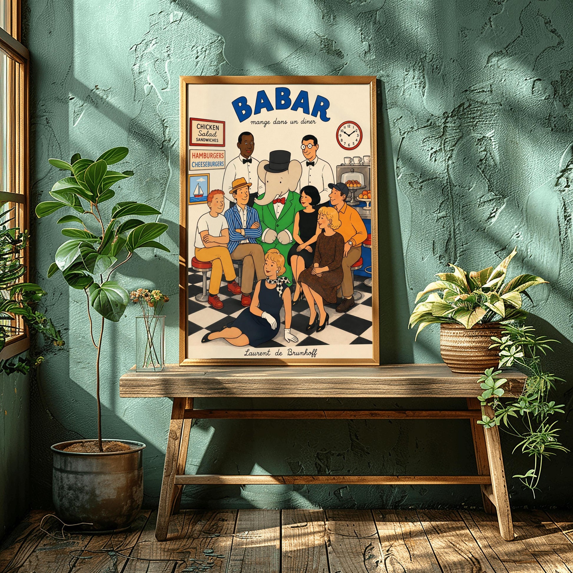 A retro 1950s-style illustration poster titled "BABAR mange dans un diner" in bold blue text at the top. The print features a close-up group portrait of characters inside a diner with a black-and-white checkered floor. In the center, the cartoon elephant King Babar wears his green suit and black top hat. He is surrounded by two smiling waiters in white shirts and bow ties, five patrons sitting closely on stools, and a blonde woman in a black dress and polka-dot scarf posing on the floor in front