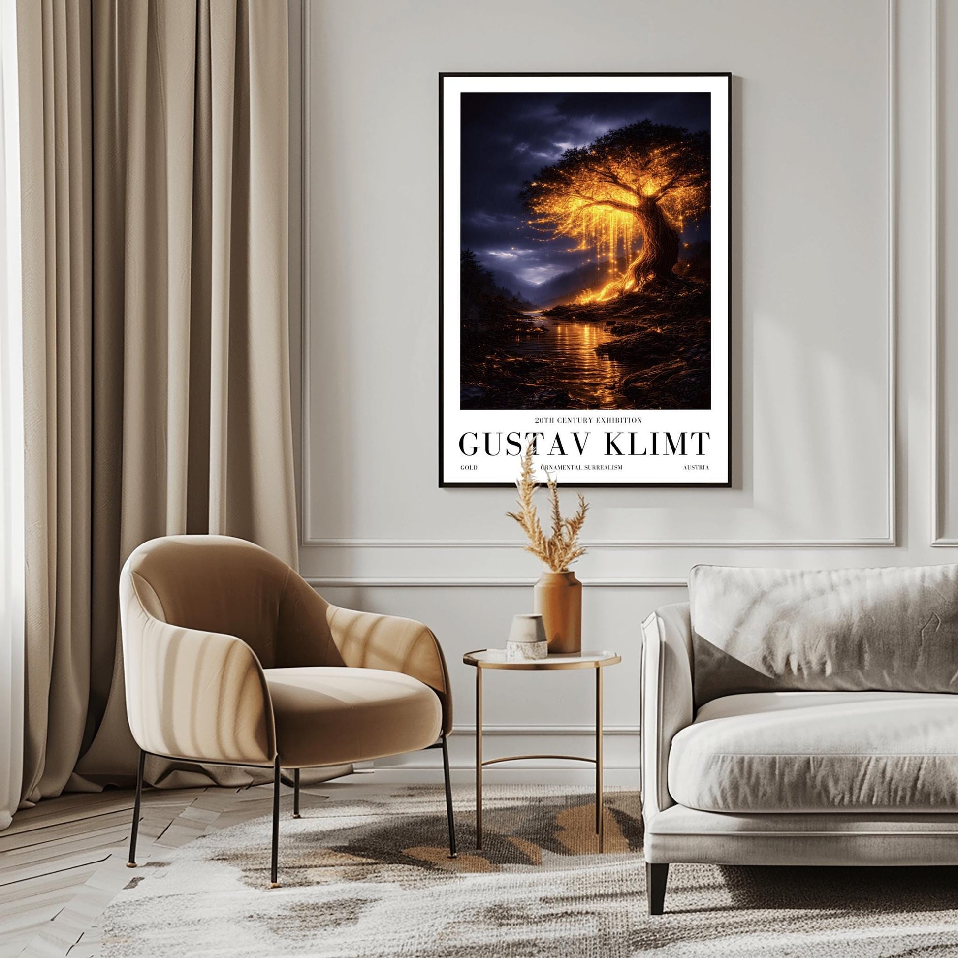 A vertical full-bleed illustration of a large weeping willow tree glowing with golden light in a stormy mountain valley. The tree stands by a dark river reflecting its gold light. The background features dark, rainy mountains and a moody indigo sky in the style of Gustav Klimt.