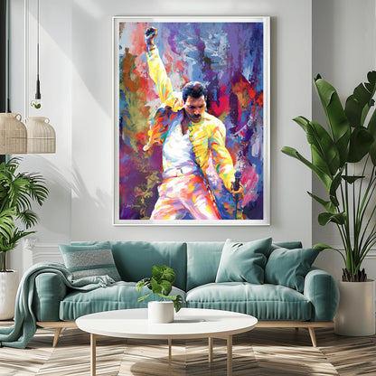 A vibrant physical poster print of Freddie Mercury in a dynamic, impressionistic style, perfect for Queen fans, music lovers, or unique wall art decor