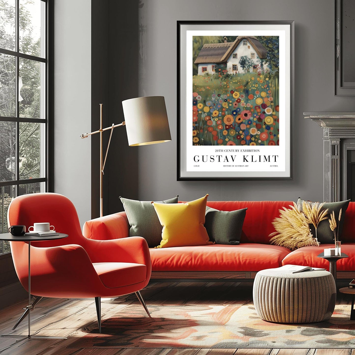 A vertical oil painting in the style of Gustav Klimt. A white-washed cottage with a brown thatched roof sits behind a dense field of colorful, circular wildflowers in shades of orange, red, blue, and yellow. The style features heavy, decorative textures and subtle golden highlights throughout the garden and roof.
