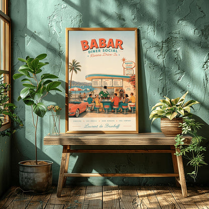 A mid-century style illustration poster titled "BABAR DINER SOCIAL - Riviera Drive-In" at the top. The scene shows an open-air retro diner bar right on the coast of the French Riviera, with a turquoise sea and white sailboats in the background. King Babar, a cartoon elephant in a green suit, bowtie, and top hat, cooks burgers on a grill behind the counter. Stylishly dressed patrons from the 1950s sit on red-topped stools, and a classic pink convertible sports car is parked on the left