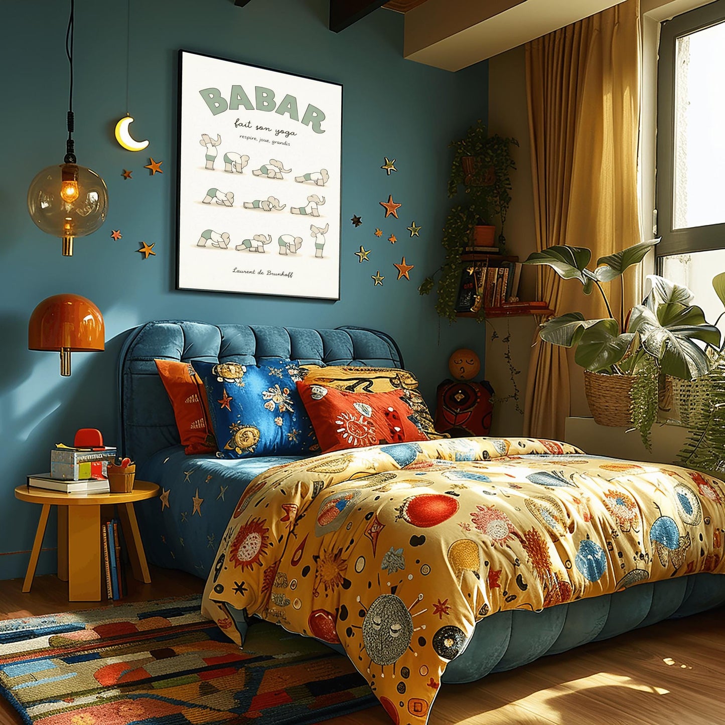 A vertical art print in muted sage green and cream tones titled "BABAR fait son yoga" with the subtitle "respire, joue, grandis." The poster shows eleven small, minimalist illustrations of a grey elephant in various yoga poses, wearing a white shirt and sage green shorts. The background is a soft off-white with a subtle paper texture, and the artist's name "Laurent de Brunhoff" is at the bottom.