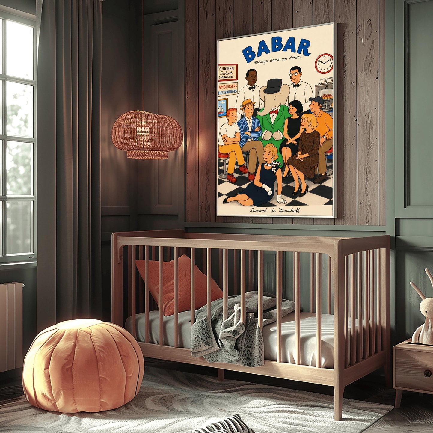 A retro 1950s-style illustration poster titled "BABAR mange dans un diner" in bold blue text at the top. The print features a close-up group portrait of characters inside a diner with a black-and-white checkered floor. In the center, the cartoon elephant King Babar wears his green suit and black top hat. He is surrounded by two smiling waiters in white shirts and bow ties, five patrons sitting closely on stools, and a blonde woman in a black dress and polka-dot scarf posing on the floor in front