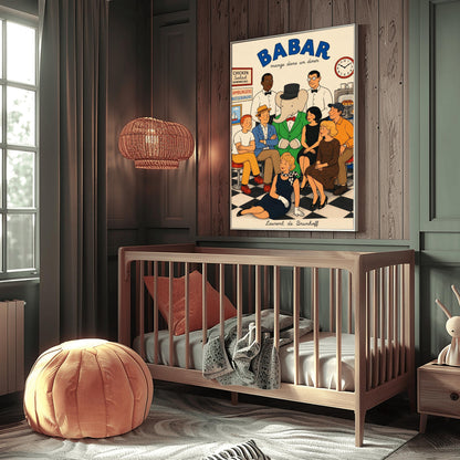 A retro 1950s-style illustration poster titled "BABAR mange dans un diner" in bold blue text at the top. The print features a close-up group portrait of characters inside a diner with a black-and-white checkered floor. In the center, the cartoon elephant King Babar wears his green suit and black top hat. He is surrounded by two smiling waiters in white shirts and bow ties, five patrons sitting closely on stools, and a blonde woman in a black dress and polka-dot scarf posing on the floor in front