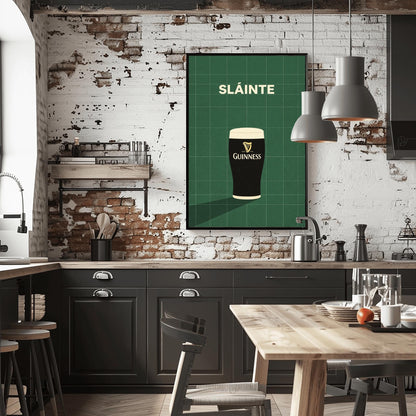 A vertical minimalist graphic with a dark green tiled background. A pint of Guinness with a gold harp logo sits at the bottom, casting a long shadow to the left. At the top, the word "SLÁINTE" is written in a bold, cream-colored font.