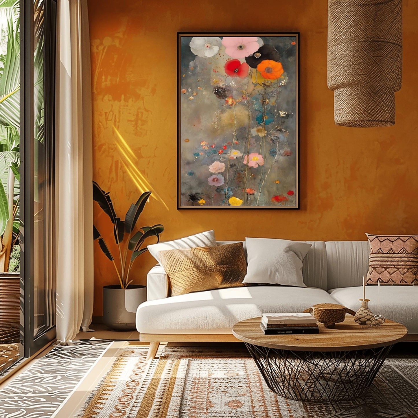 A vertical oil painting in the style of Gustav Klimt with an ethereal, muted twist. A cluster of large, soft-petaled poppies in coral, pink, and white rise from the bottom against a moody, textured grey and gold background. The painting features subtle splatters and impressionist brushwork, creating a dreamy, atmospheric garden scene.