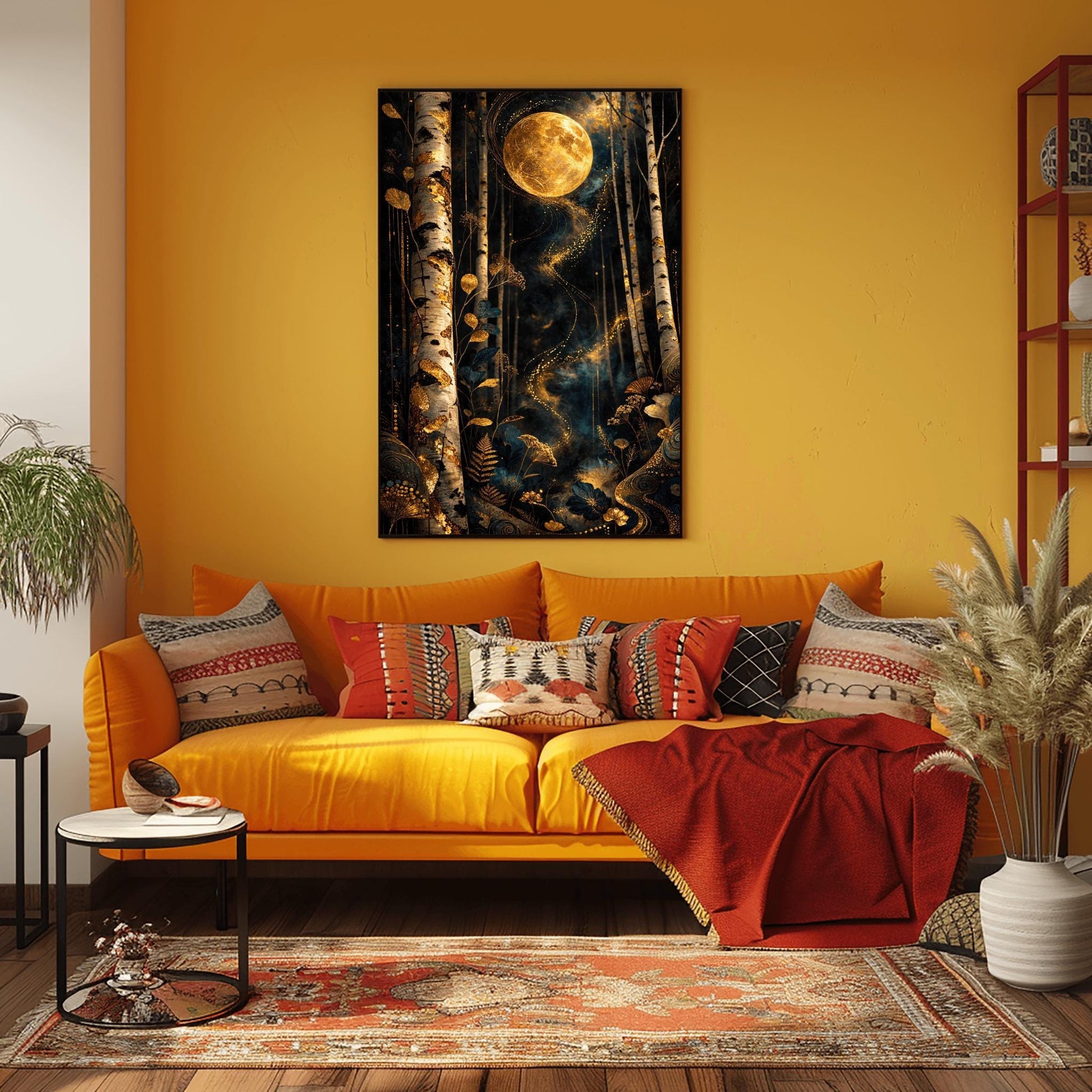 A vertical, highly detailed Art Nouveau illustration in the style of Gustav Klimt. A large, ornate golden moon with swirling patterns hangs in a dark navy forest. The foreground is filled with stylized golden wildflowers and ferns, and a ribbon of golden stardust winds through patterned birch trees.