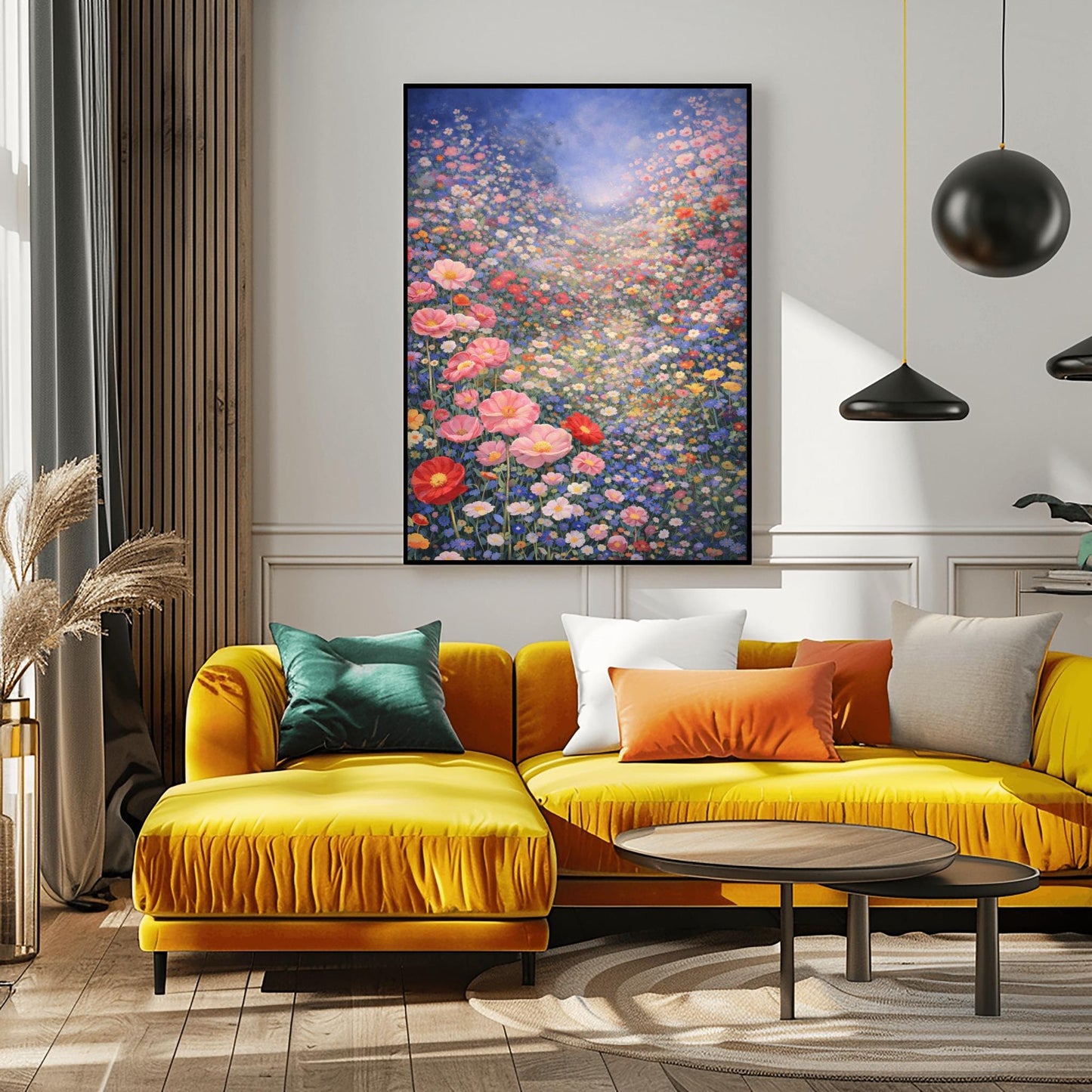 A vertical fine art landscape in the style of Gustav Klimt. A vast valley is filled with a dense sea of pink, red, blue, and white wildflowers. Large pink poppies are in the foreground, and the field stretches back to a hazy, sun-drenched horizon under a soft blue sky.