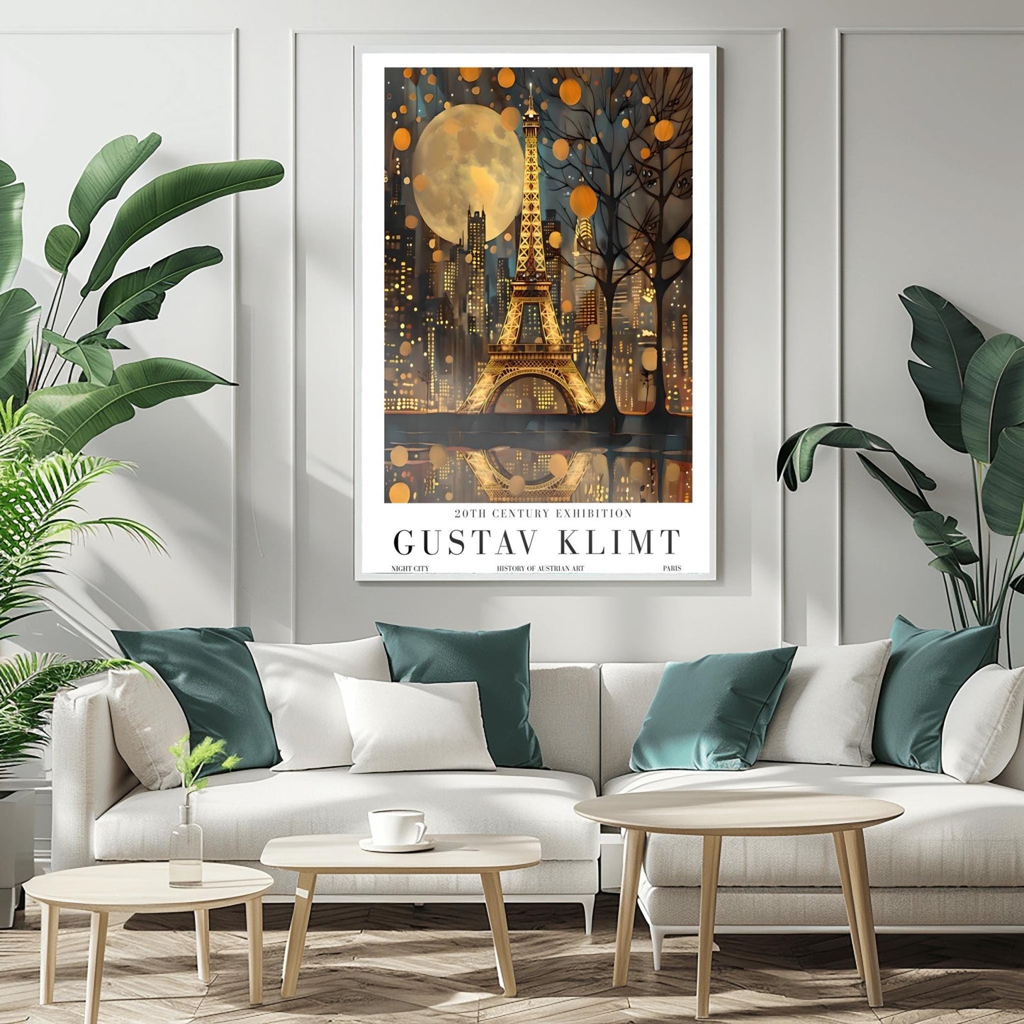 A vertical museum exhibition poster featuring the Eiffel Tower in Paris at night in the style of Gustav Klimt. The tower and city buildings glow in textured gold against a dark blue sky with a large, golden moon. Below the image, bold black text reads "GUSTAV KLIMT" and "20TH CENTURY EXHIBITION" against a white border.