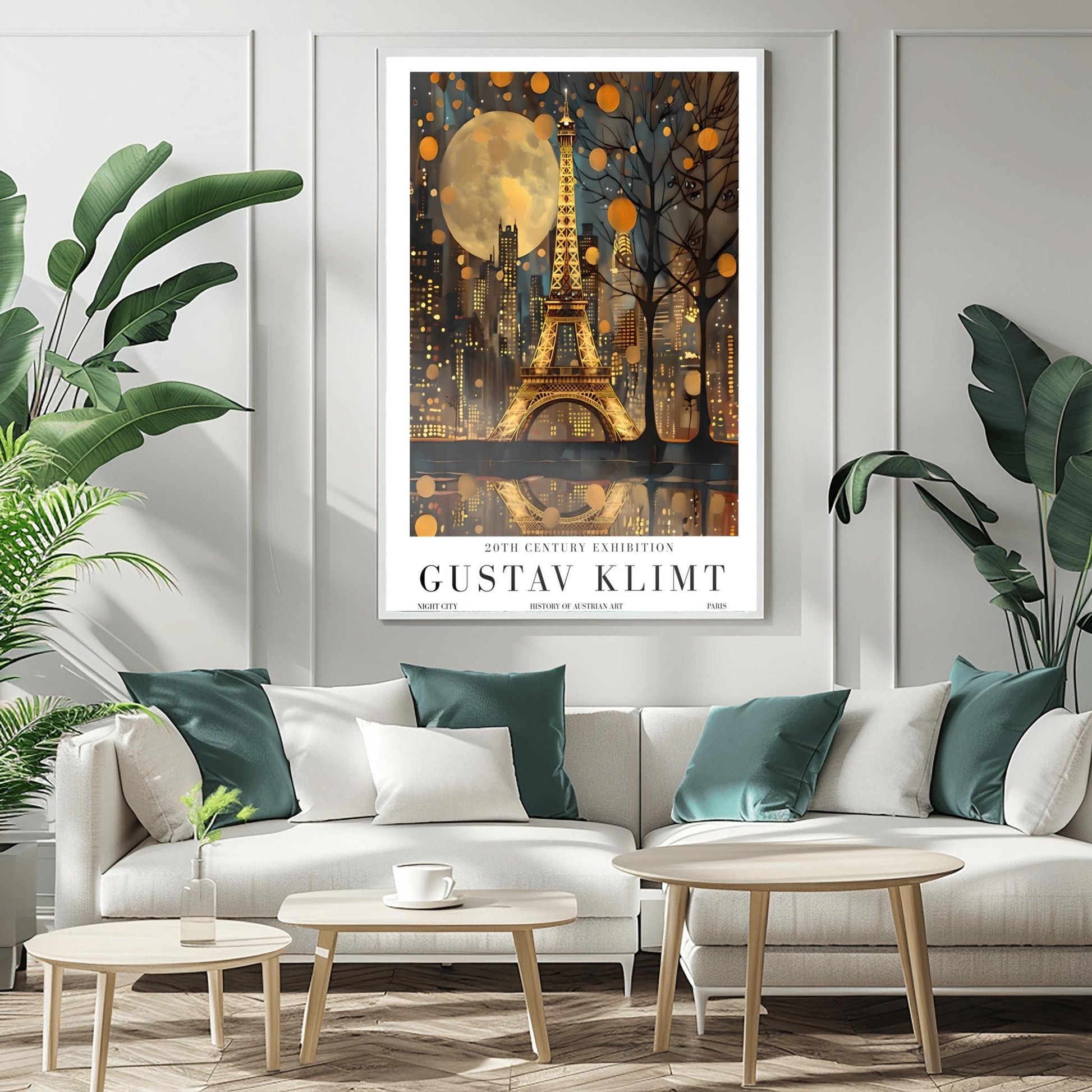 A vertical museum exhibition poster featuring the Eiffel Tower in Paris at night in the style of Gustav Klimt. The tower and city buildings glow in textured gold against a dark blue sky with a large, golden moon. Below the image, bold black text reads "GUSTAV KLIMT" and "20TH CENTURY EXHIBITION" against a white border.
