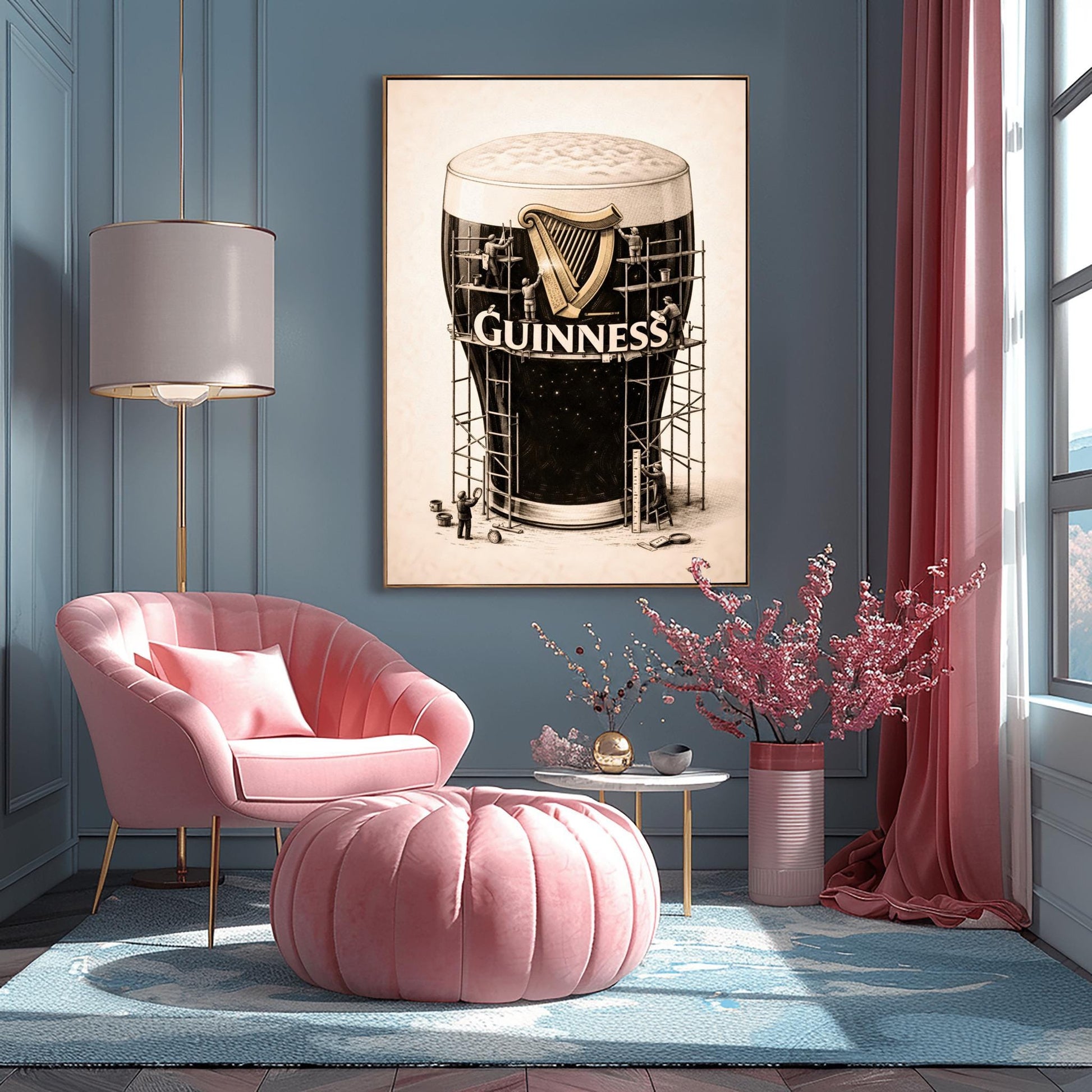 A vertical charcoal illustration of a large pint of Guinness. The glass is surrounded by a complex wooden scaffolding structure. Tiny worker silhouettes are on the scaffolding, polishing a large golden harp and the white Guinness logo on the front of the glass. The background is a light cream color.