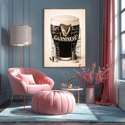 A vertical charcoal illustration of a large pint of Guinness. The glass is surrounded by a complex wooden scaffolding structure. Tiny worker silhouettes are on the scaffolding, polishing a large golden harp and the white Guinness logo on the front of the glass. The background is a light cream color.