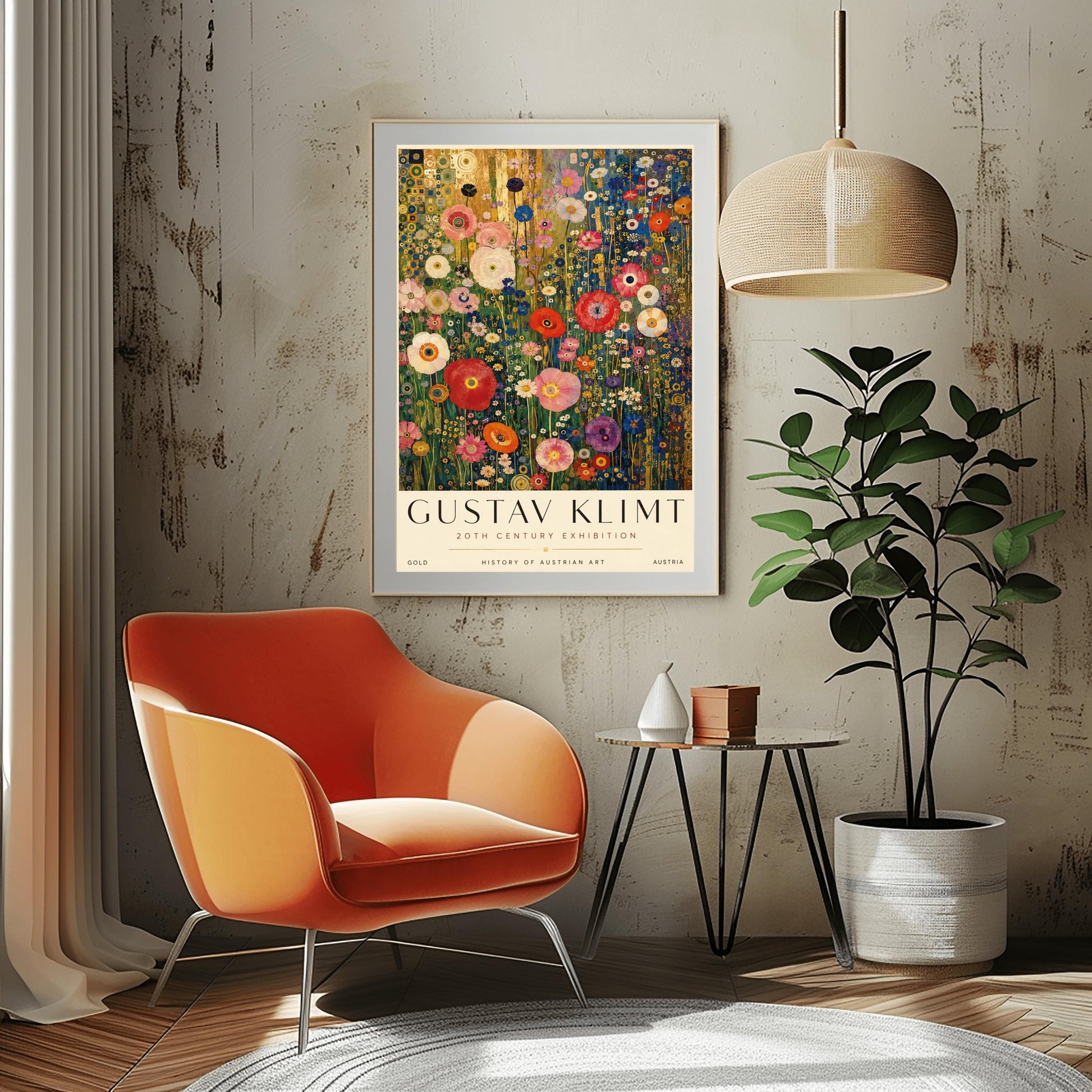 A vertical retro exhibition poster for Gustav Klimt set on a wide ivory border. The central image shows a detailed Art Nouveau illustration of a dense field of tall poppies and wildflowers in shades of red, pink, white, orange, and purple. The background behind the flowers features metallic gold patterns and concentric circles on the left, and a dark blue grid design on the right. The text at the top reads "GUSTAV KLIMT" in a clean black font