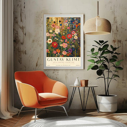 A vertical retro exhibition poster for Gustav Klimt set on a wide ivory border. The central image shows a detailed Art Nouveau illustration of a dense field of tall poppies and wildflowers in shades of red, pink, white, orange, and purple. The background behind the flowers features metallic gold patterns and concentric circles on the left, and a dark blue grid design on the right. The text at the top reads "GUSTAV KLIMT" in a clean black font