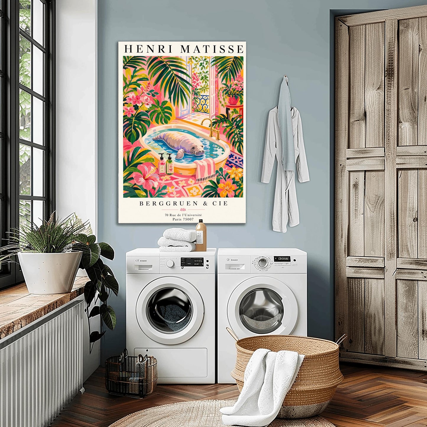 A vertical maximalist art print designed as a Henri Matisse exhibition poster. A large, grey manatee floats peacefully in a white bathtub filled with water. The room is filled with vibrant pink walls, lush green tropical plants, and bright pink hibiscus flowers. An open balcony door in the background shows a Parisian-style wrought-iron railing and pink flowers. Two colorful soap bottles sit on the edge of the tub.