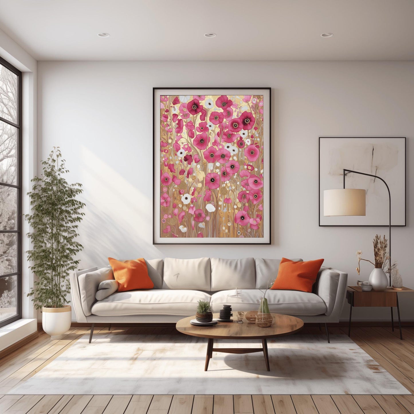 A vertical fine art print in the style of Gustav Klimt. A dense field of vibrant pink and soft white poppies grows against a shimmering, ornate gold leaf background. The scene is filled with golden spirals, geometric patterns, and delicate stems, creating a rich, mosaic-like floral tapestry.