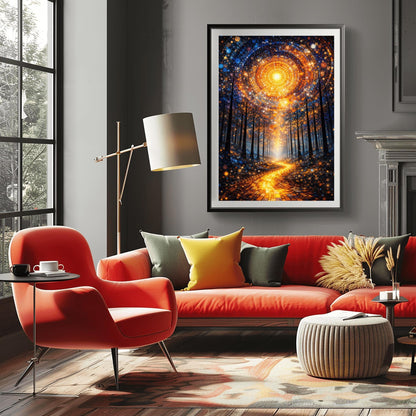 A vertical, highly detailed Art Nouveau illustration featuring a winding golden mosaic path leading through a dark forest toward a bright light. Above, a massive circular portal in the sky is made of intricate mosaic tiles in gold and blue. The scene is filled with shimmering golden stardust.