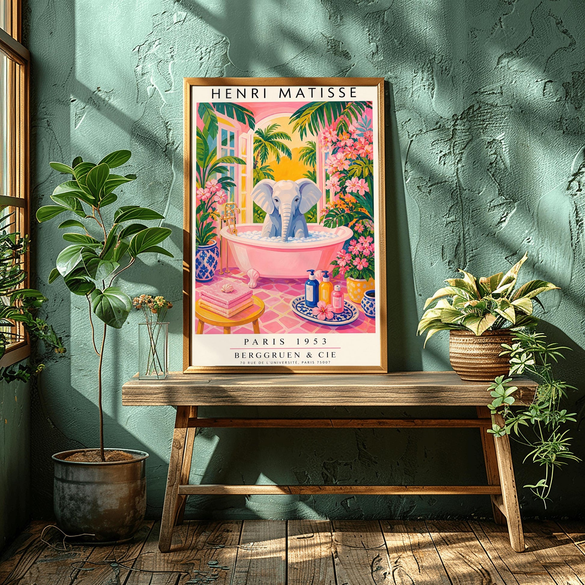 A vertical maximalist art print styled as a Henri Matisse exhibition poster. A light grey baby elephant is sitting in a large pink clawfoot bathtub filled with white bubbles. The bathroom features hot pink tiled floors, vibrant pink flowers, and lush green tropical plants. In the background, an arched window shows a bright golden sunset with palm tree silhouettes. A small yellow stool with towels and various blue and yellow ceramic vases decorate the room.