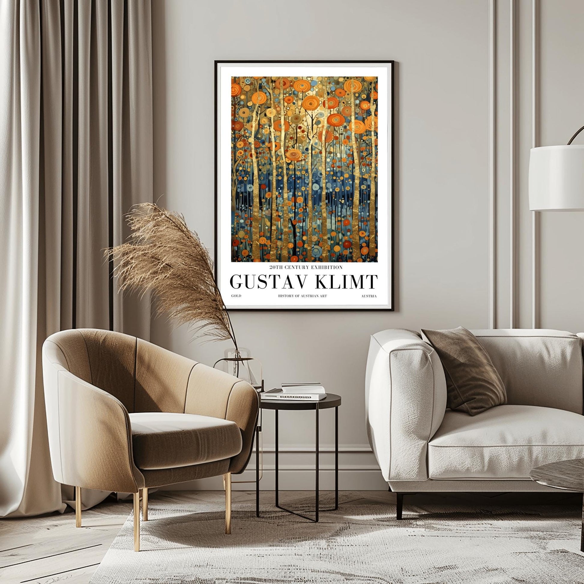 A vertical museum exhibition poster in the style of Gustav Klimt. Tall, slender tree trunks made of brilliant gold leaf stand against a background of orange, gold, and blue mosaic-style leaves. The bottom of the image is a deep indigo blue. Bold black text at the bottom reads "GUSTAV KLIMT" and "HISTORY OF AUSTRIAN ART."