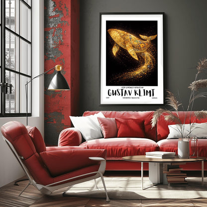 A vertical exhibition poster for Gustav Klimt featuring a large humpback whale made of golden mosaic patterns. The whale is breaching against a black background, leaving a trail of sparkling gold dust. Bold text at the bottom reads "GUSTAV KLIMT" and "Ornamental Surrealism."